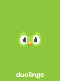 a green owl with the words duolingo on it